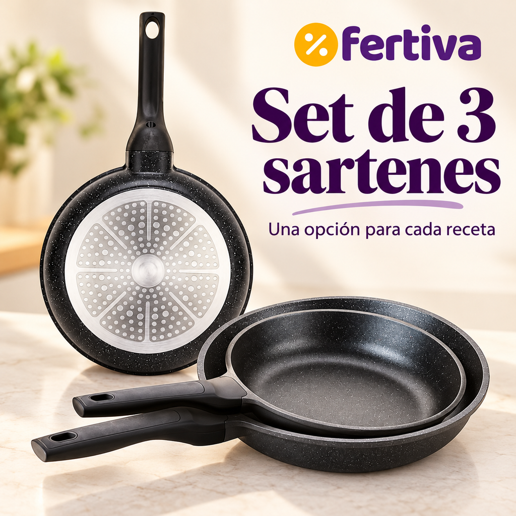 Set 3 Sartenes Efecto Piedra Aptas para Inducción