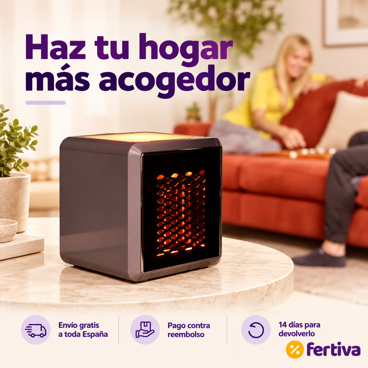 Calefactor Cerámico Portátil 1500W Silencioso con Luz Ambiental