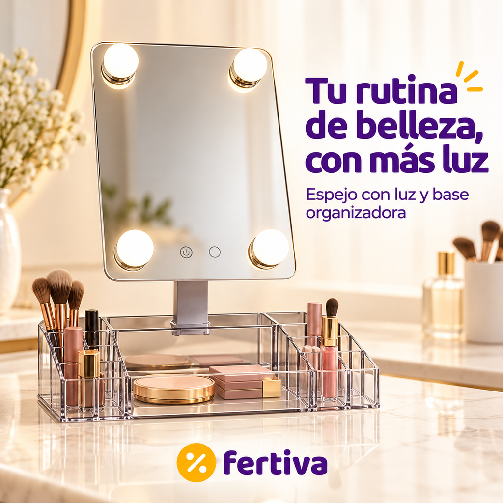 Espejo Organizador 360° con Luz LED y Joyero