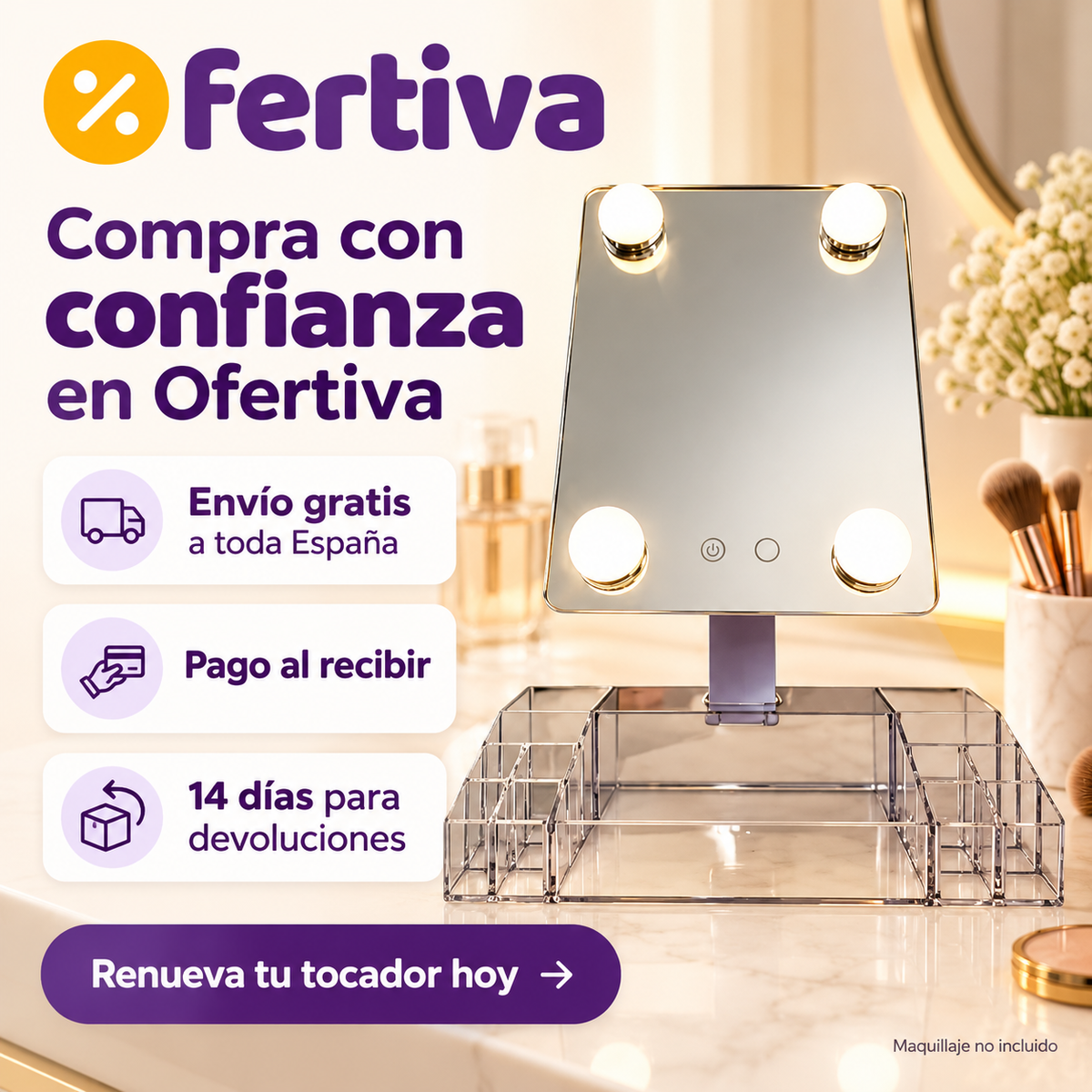 Espejo Organizador 360° con Luz LED y Joyero