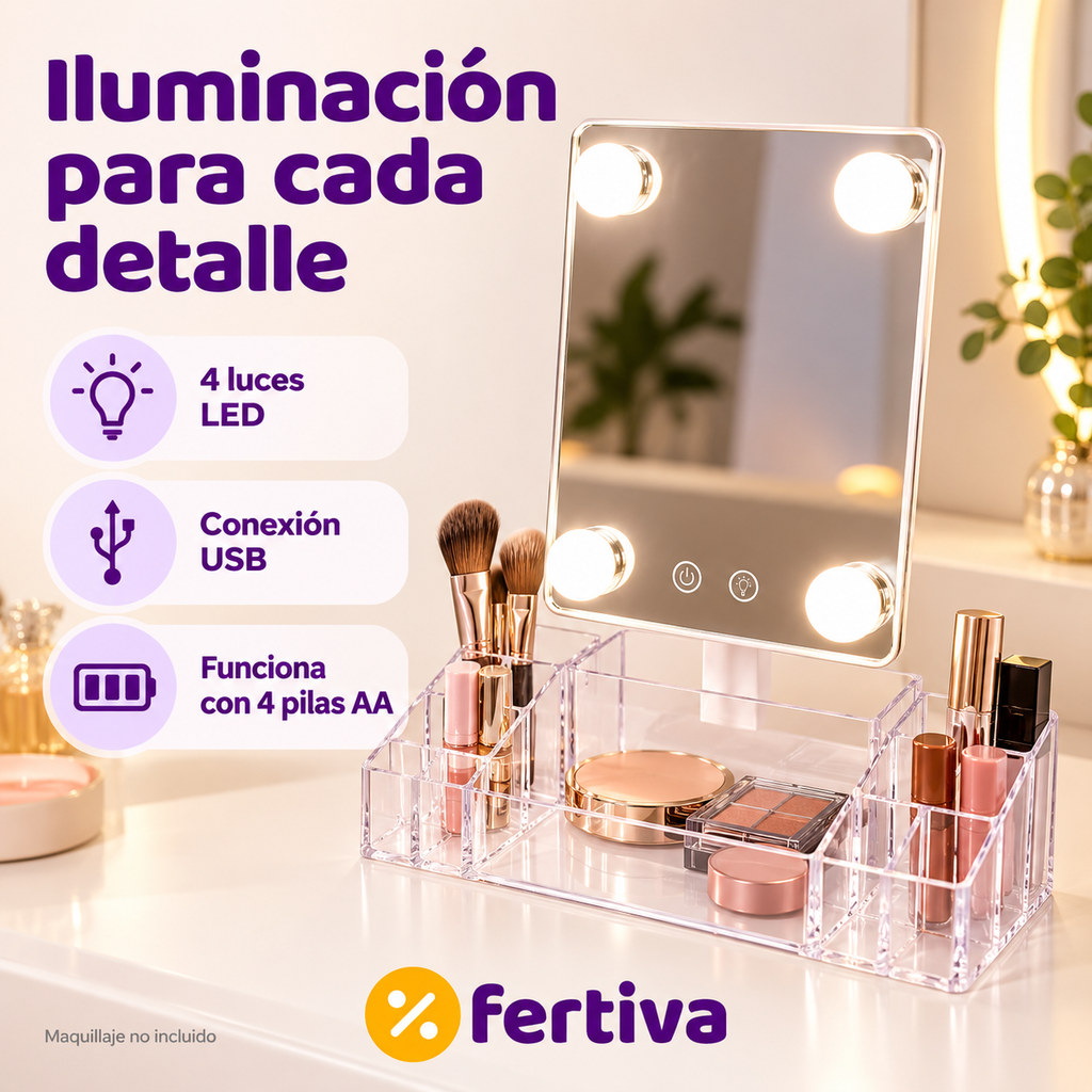 Espejo Organizador 360° con Luz LED y Joyero