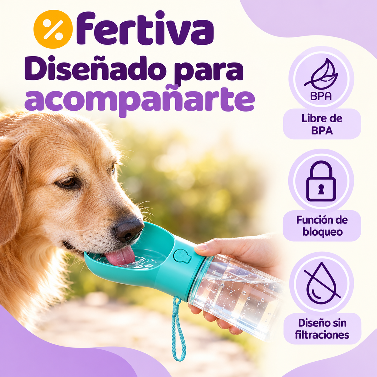 Botella Bebedero Portátil para Perros con Filtro