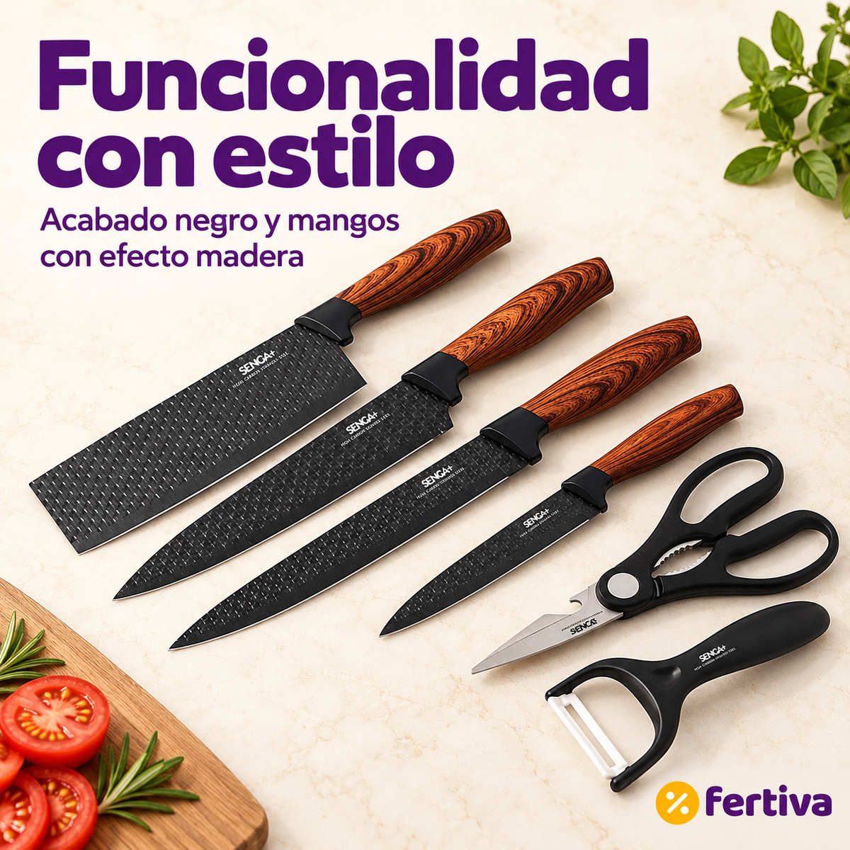 Juego de Cuchillos de Cocina 6 Piezas con Tijeras, Pelador y Estuche