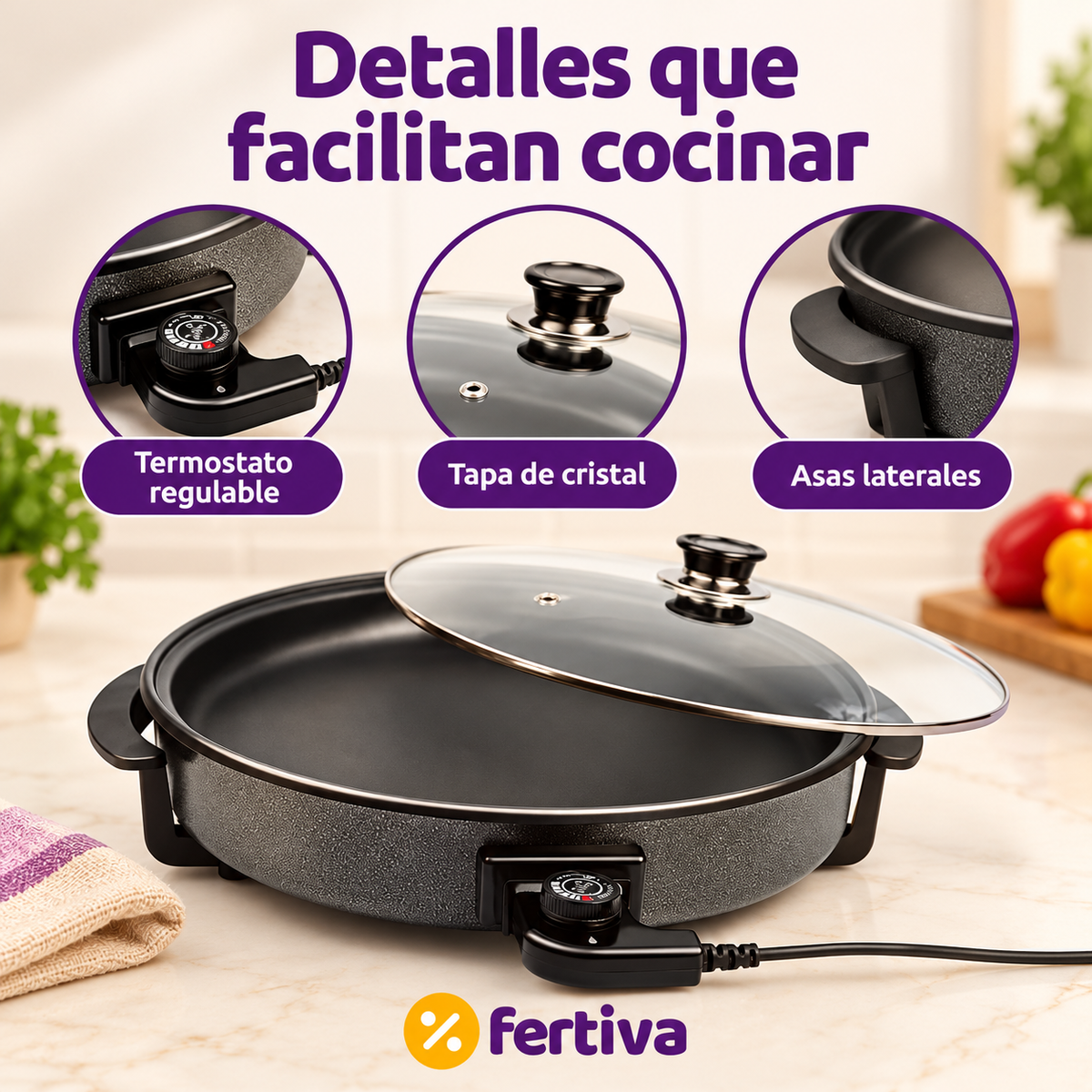 Paellera Eléctrica 42 cm 1500W con Tapa de Cristal