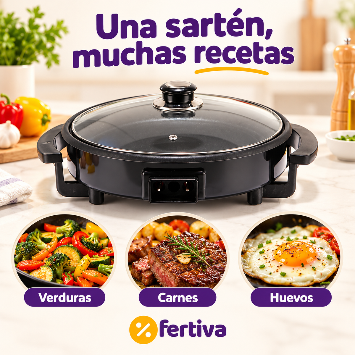 Paellera Eléctrica 42 cm 1500W con Tapa de Cristal