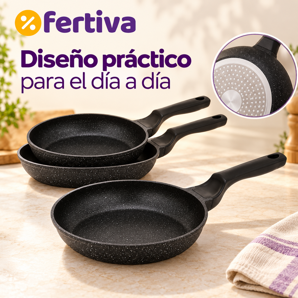 Set 3 Sartenes Efecto Piedra Aptas para Inducción