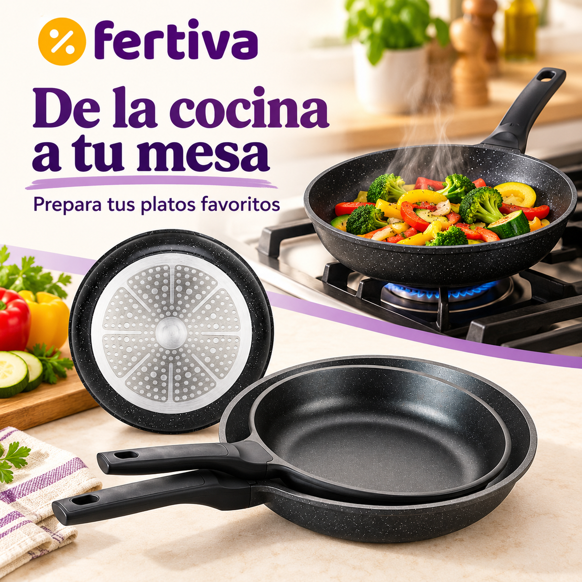 Set 3 Sartenes Efecto Piedra Aptas para Inducción