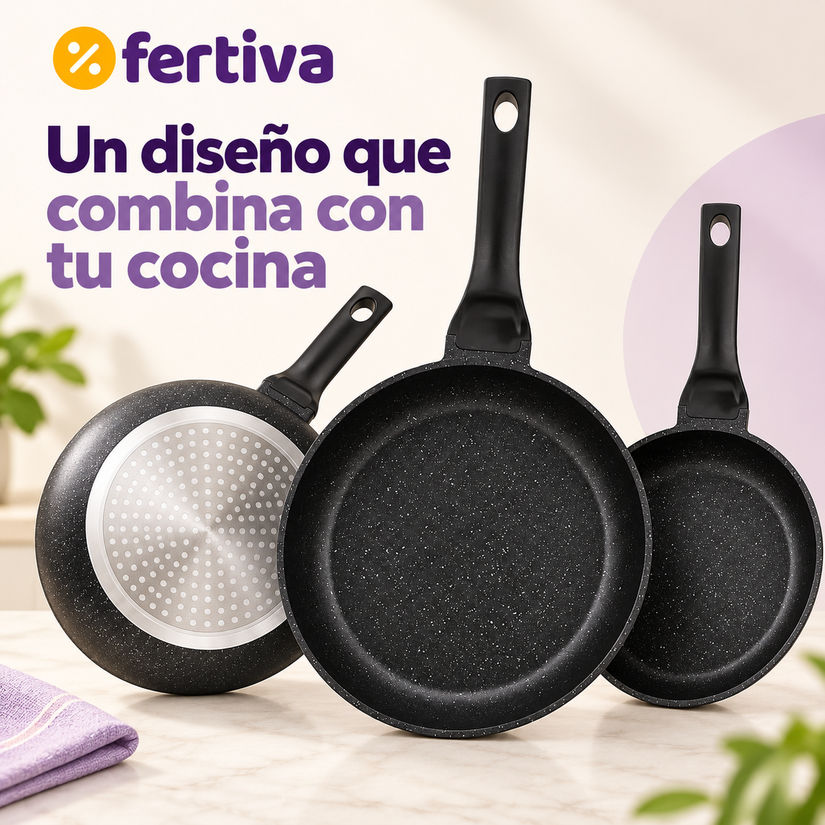 Set 3 Sartenes Efecto Piedra Aptas para Inducción