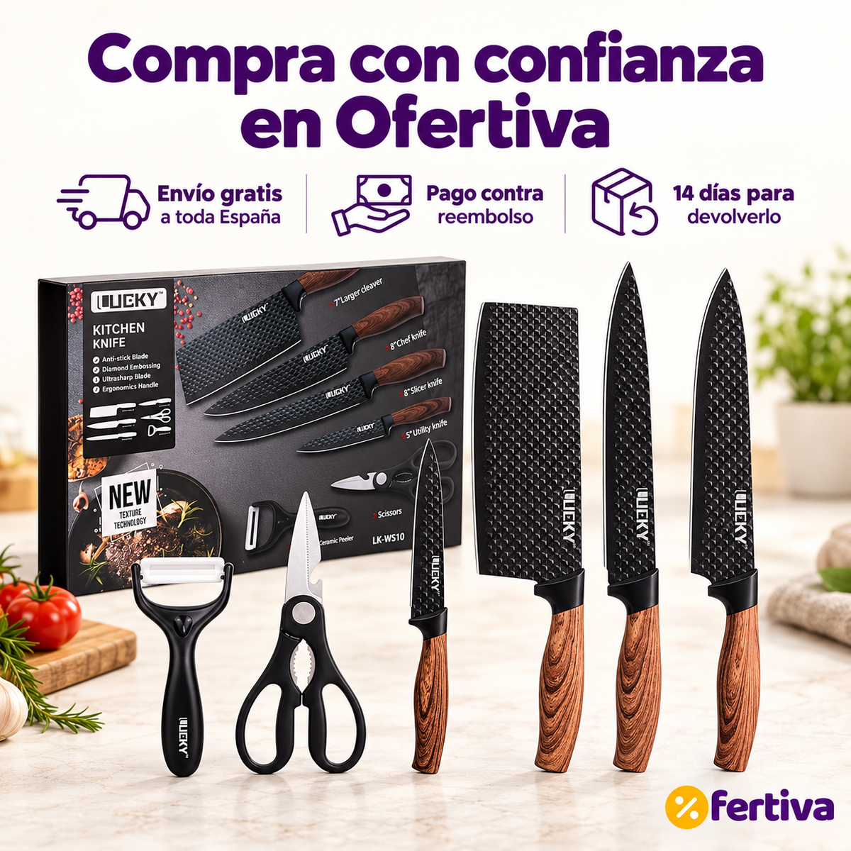 Juego de Cuchillos de Cocina 6 Piezas con Tijeras, Pelador y Estuche