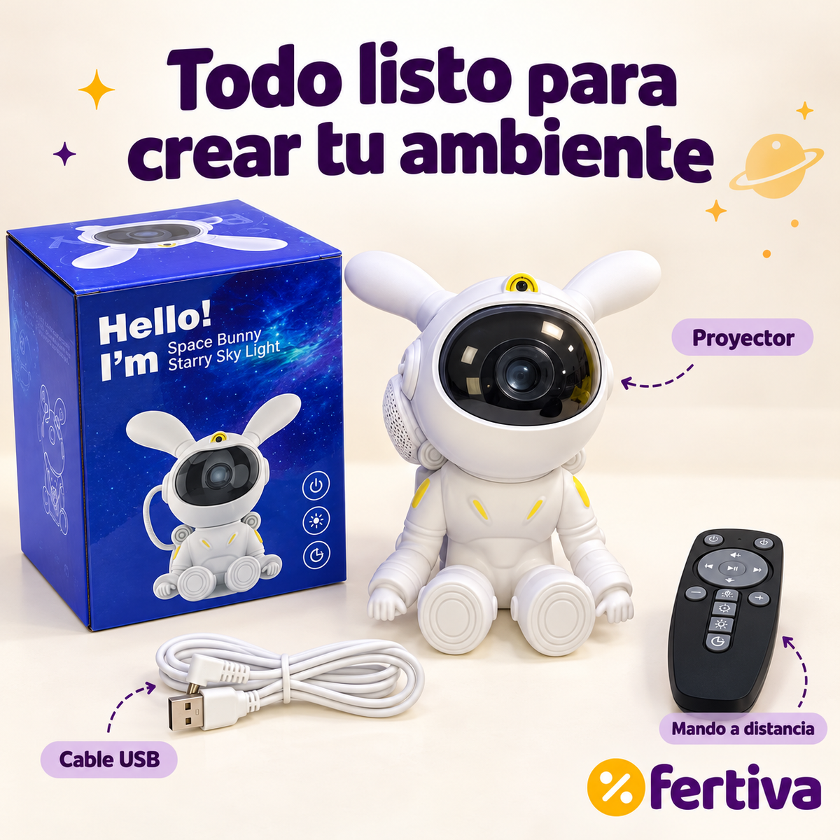 Proyector Astronauta Conejito de Estrellas con Mando