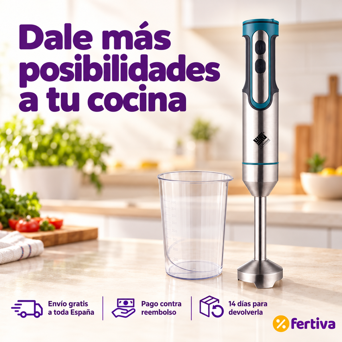 Batidora de Mano 1200W de Acero Inoxidable con Turbo