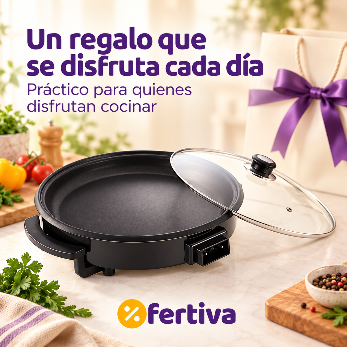 Paellera Eléctrica 42 cm 1500W con Tapa de Cristal