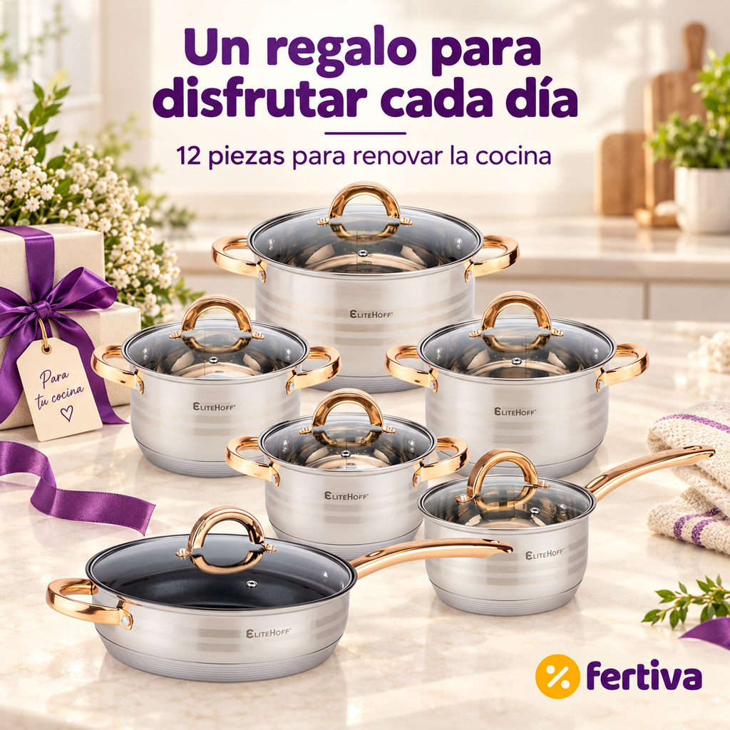 Batería de Cocina 12 Piezas de Acero Inoxidable Apta para Inducción