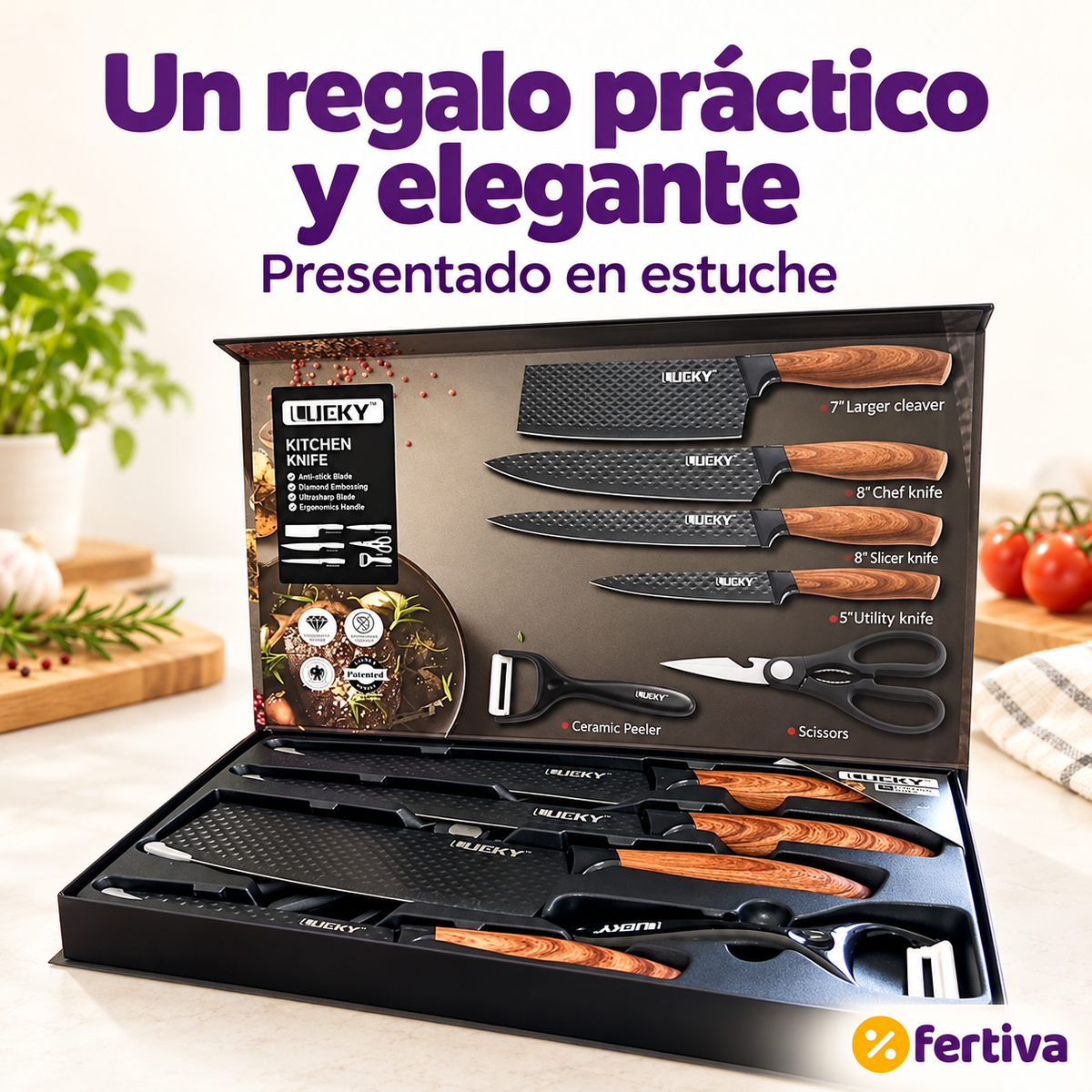 Juego de Cuchillos de Cocina 6 Piezas con Tijeras, Pelador y Estuche