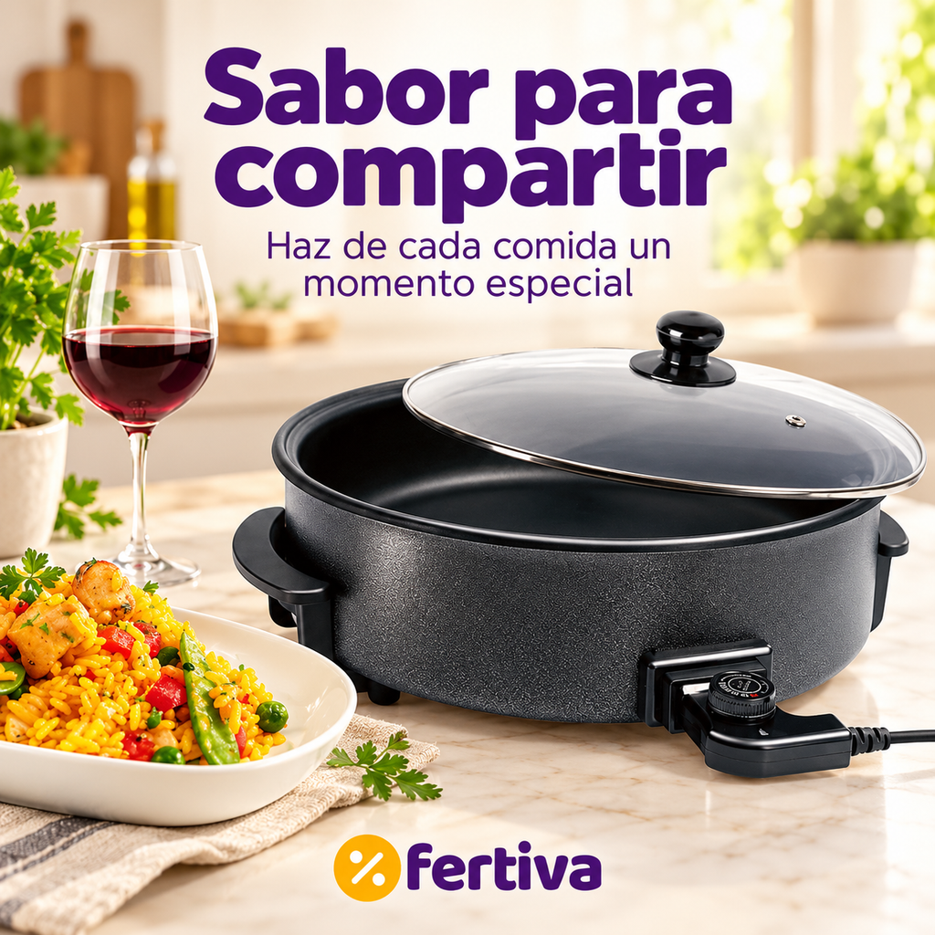 Paellera Eléctrica 42 cm 1500W con Tapa de Cristal