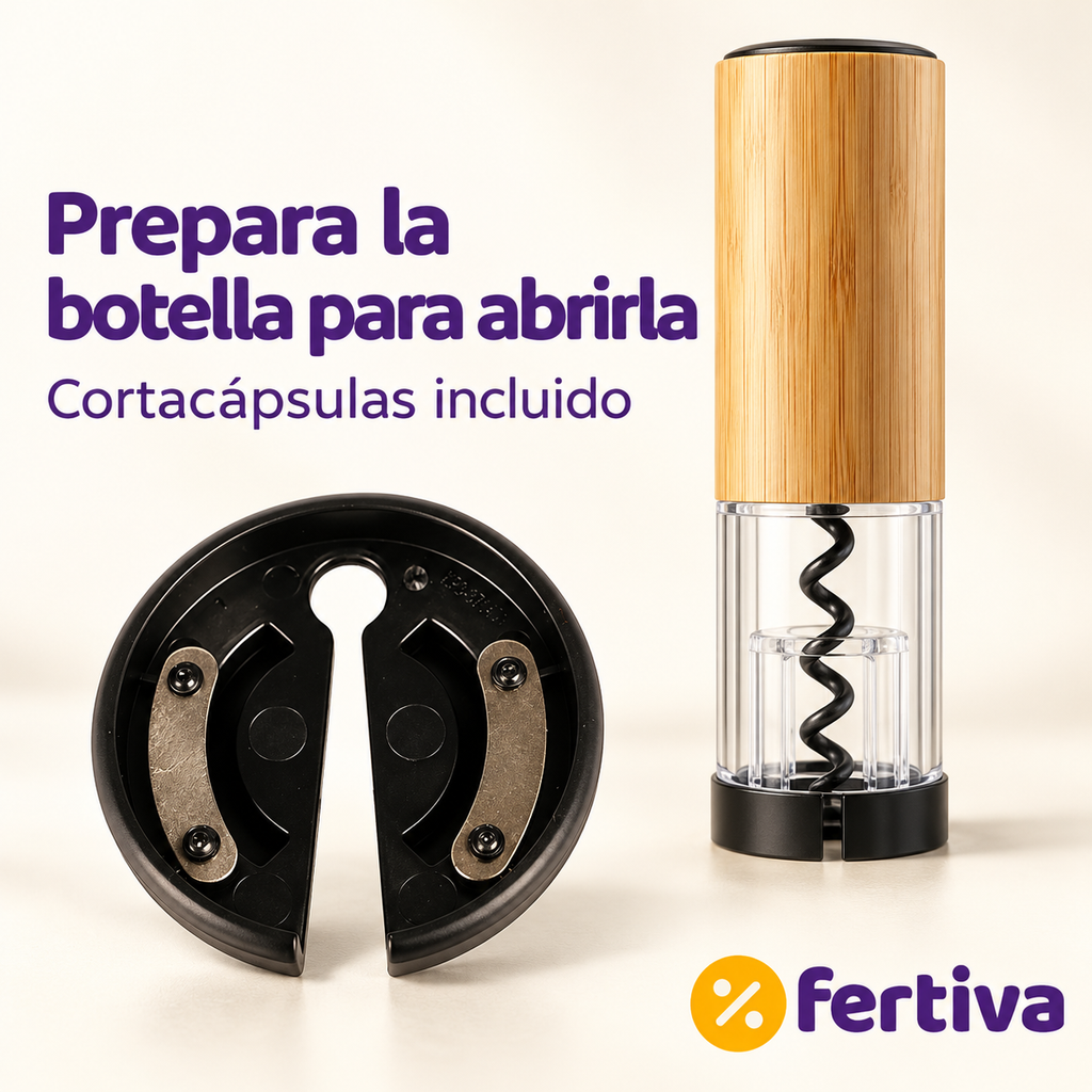 Sacacorchos Eléctrico de Bambú con Cortacápsulas