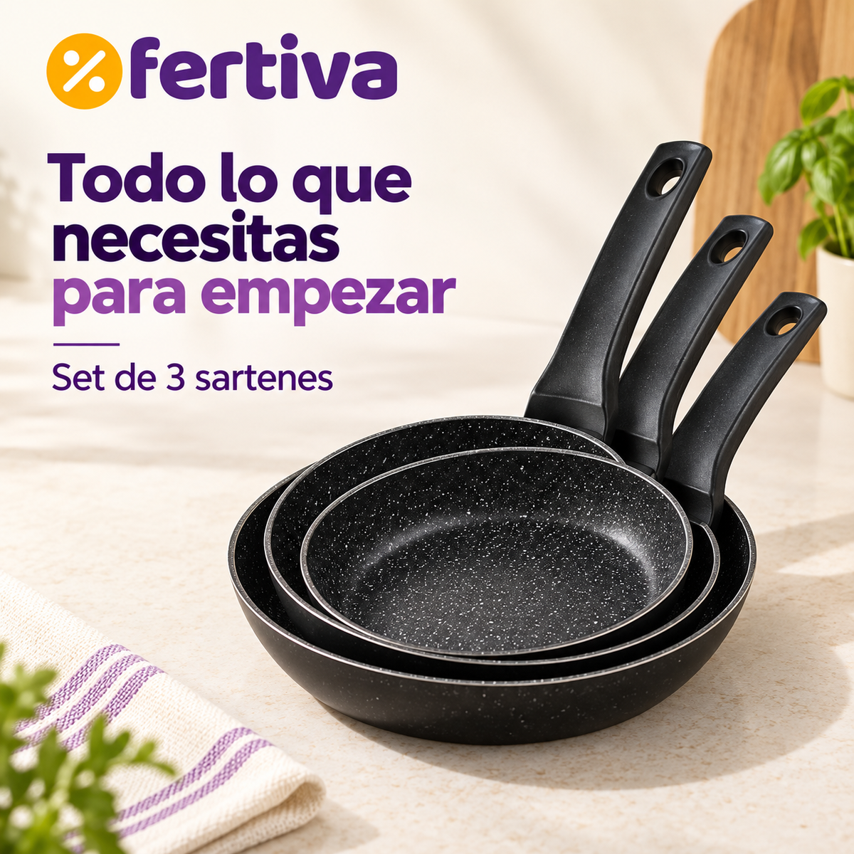 Set 3 Sartenes Efecto Piedra Aptas para Inducción