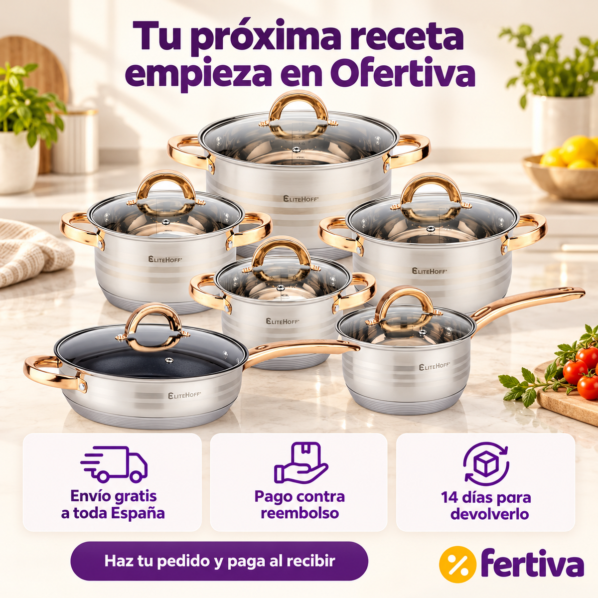 Batería de Cocina 12 Piezas de Acero Inoxidable Apta para Inducción