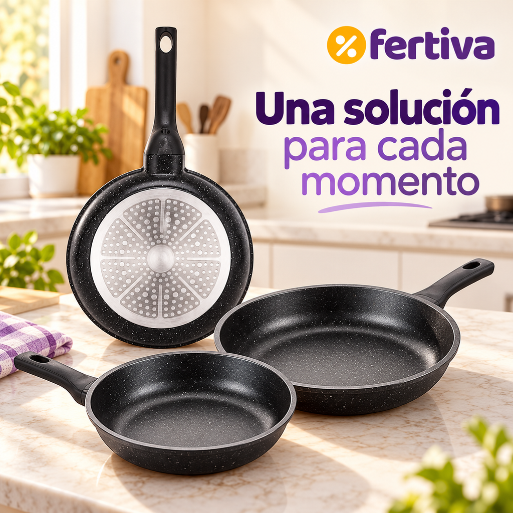 Set 3 Sartenes Efecto Piedra Aptas para Inducción