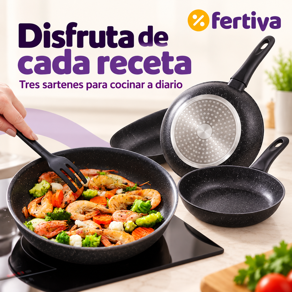 Set 3 Sartenes Efecto Piedra Aptas para Inducción