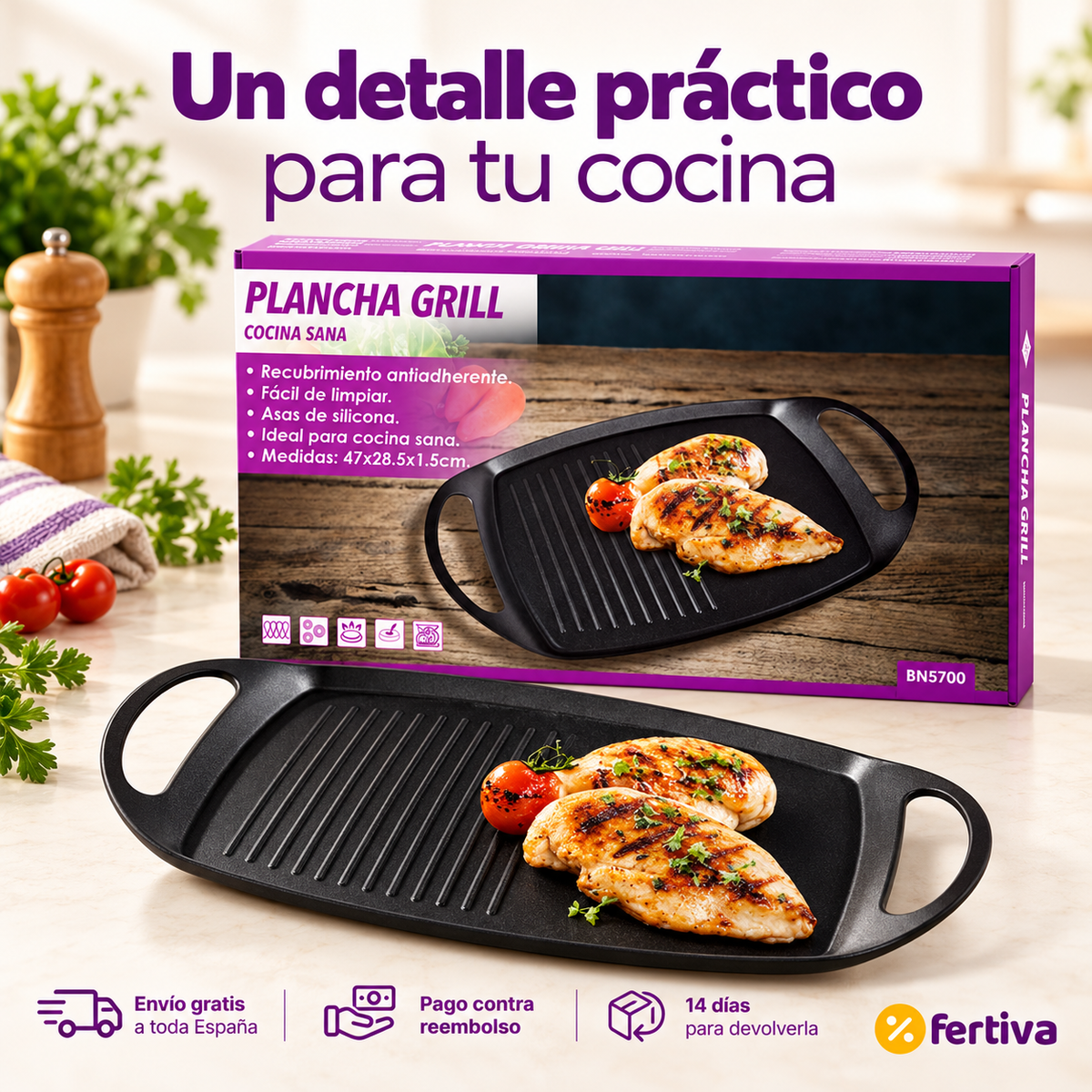 Plancha Grill de Inducción 47 cm con Revestimiento Efecto Piedra